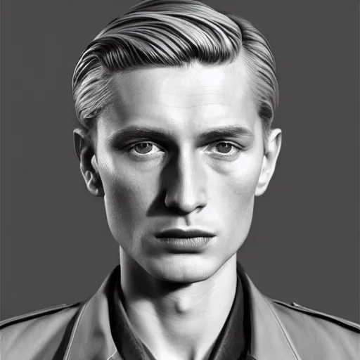 Image similar to A Hearts of Iron IV portrait of a blond young German actor with high cheekbones. Good bone structure. Dressed in 1940s style. Highly detailed, fine Art, high detail, great lighting, 8k resolution, masterpiece, concept art, illustration, clear eyes, painting oil on canvas, octane render, HDR, trending on artstation, 4k, 8k, HD