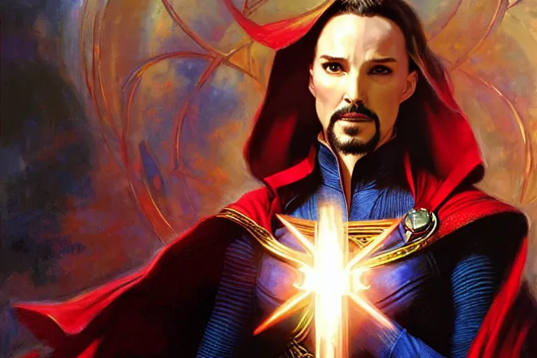 Image similar to natalie portman as doctor strange, character design, painting by gaston bussiere, craig mullins, j. c. leyendecker,