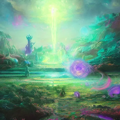 Prompt: a psychedelic realm where astral beings share love, by greg rutkowski, wlop, lisa frank, bob ross and ruan jia