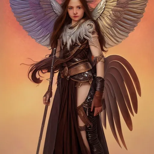 Image similar to portrait of young aasimar angel girl maiden wearing comfy leather armor with beautiful feathered angel wings, brown eyes, by artgerm and greg rutkowski and alphonse mucha and andrei riabovitchev and Rossdraws and Bluesssatan and Mandy Jurgens and Stjepan Sejic, 4k oil on linen, vivid colors, colorful, photorealistic, high dynamic range, HDR, intricate, elegant, highly detailed, digital painting, artstation, concept art, smooth, sharp focus, illustration, mid-shot, medium shot, hyperdetailed