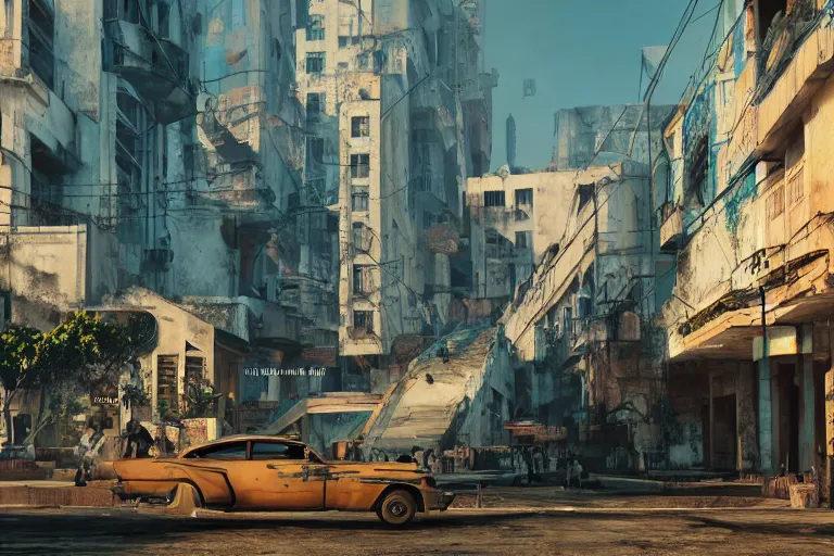 Prompt: La Habana, year 2049, cyberpunk, extremely realistic, highly detailed, concept art, trending on artstation, depth of field, moment cinebloom filter, cinematic color,