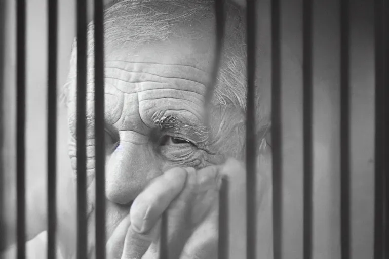 Image similar to an 8 5 mm portrait of a old man in prison looking through the bars of his cell, by annie leibovitz, shallow depth of field, cinematic lighting