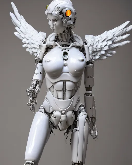 Image similar to marble sculpture of female angel with solarpunk mecha humanoid robotic parts with bright led lights, pudica pose gesture, by michelangelo, in white room, ultra - realistic and intricate, hdr 8 k