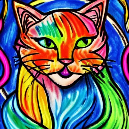 Prompt: colorful cat with unicorn horn jumping through a ring a fire, very high detail, hyperrealistic, colored ink