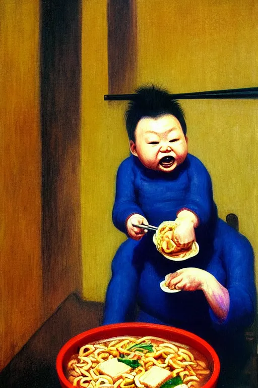 Image similar to evil human giant baby eating a huge bowl of ramen in new york city, traditional chinese restaurant, hauntingly surreal, highly detailed painting by francis bacon, edward hopper, adrian ghenie, gerhard richter, and james jean soft light 4 k,