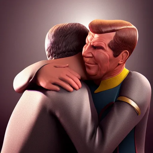 Prompt: Captain James T. Kirk and Spock hugging 3D render, high quality