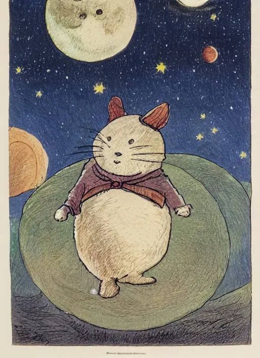 Image similar to candid portrait of a moon with a face in the starry sky, illustrated by peggy fortnum and beatrix potter and sir john tenniel