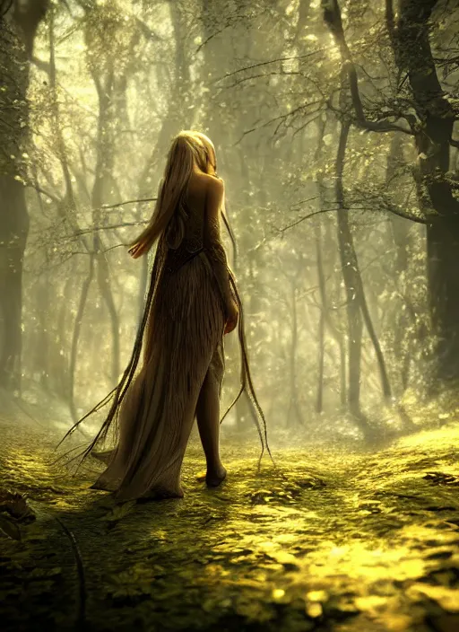 Image similar to magical forest with gold and silver leafs, music, girl with blond long hair back view, elves, lord of the rings style, ultra detailed, trending on artstation, concept art, octane render, unreal engine,