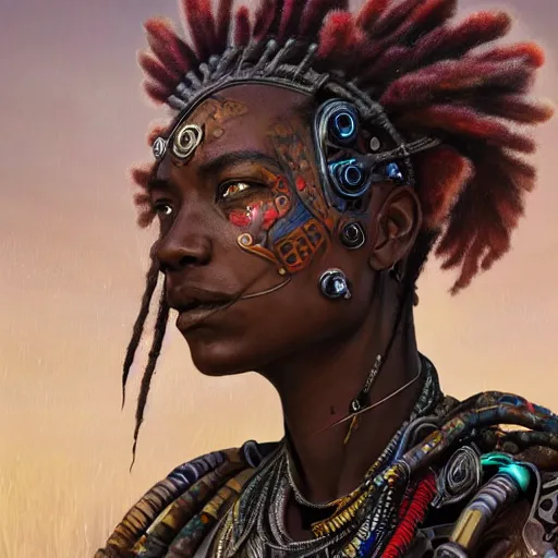 Prompt: a dahomey warrior woman with highly detailed and intricate cybernetic eyes and colorful dreadlocks, by android jones and greg rutkowski, Trending on artstation, hyperrealism, elegant, stylized, highly detailed digital art, 8k resolution, hd, global illumination, radiant light, detailed and intricate cyberpunk ghetto environment, rendered in octane, oil on canvas, wide angle, dynamic portrait