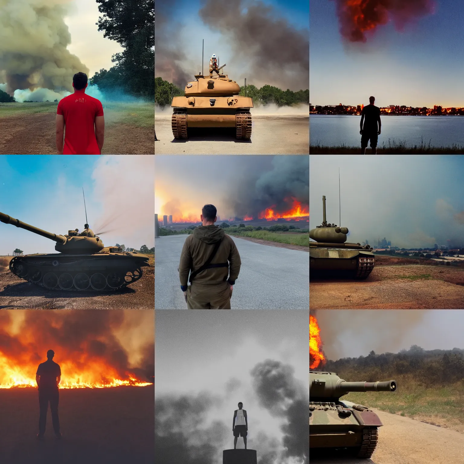 Prompt: tank standing in front of a burning skyline