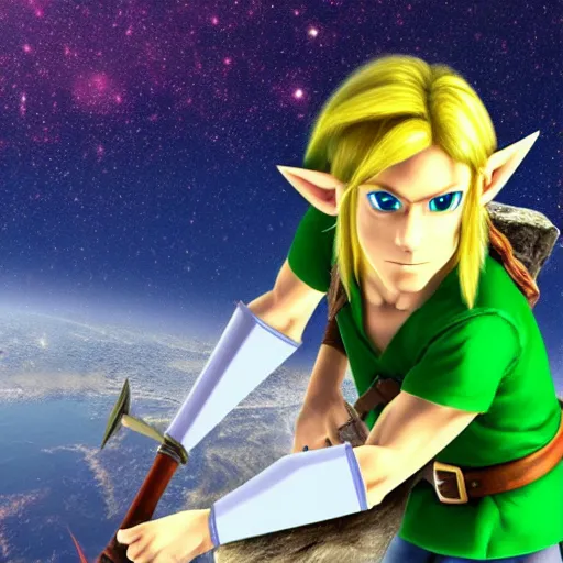 Prompt: a hyper realistic render of link from the legend of zelda in a space ship