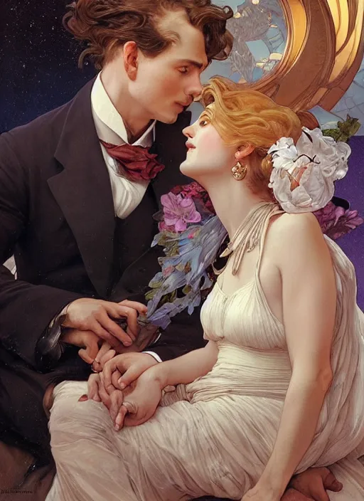 Prompt: an elegant couple, a man and a woman, sit together on a crescent moon. close up on highly detailed faces. painting by artgerm and greg rutkowski and alphonse mucha.