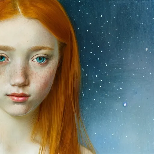 Image similar to portrait of a red haired girl, long hair, green eyes, hint of freckles, beautiful round face, soft amazed smiles, among golden fireflies, highly detailed, deep focus, elegant, digital painting, smooth, sharp focus, golden ratio, illustration, ultra realistic, 8 k, art by artemisia lomi gentileschi