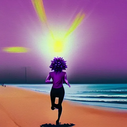 Image similar to portrait, giant purple dahlia flower head, woman running at the beach, surreal photography, sunrise, blue sky, dramatic light, impressionist painting, digital painting, artstation, simon stalenhag