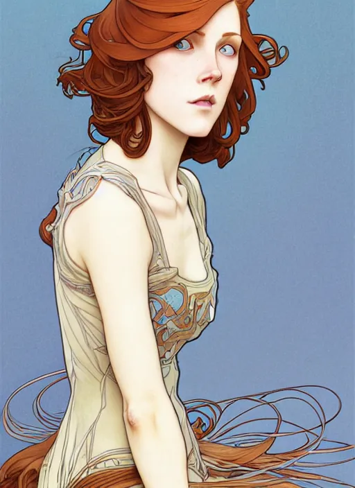 Image similar to art nouveau portrait of a woman with completely straight auburn hair, light blue eyes, pale skin, freckles, sad expression, t - shirt, modern casual clothing, natural lighting, path traced, highly detailed, high quality, cartoon, digital painting, by don bluth and ross tran and studio ghibli and alphonse mucha