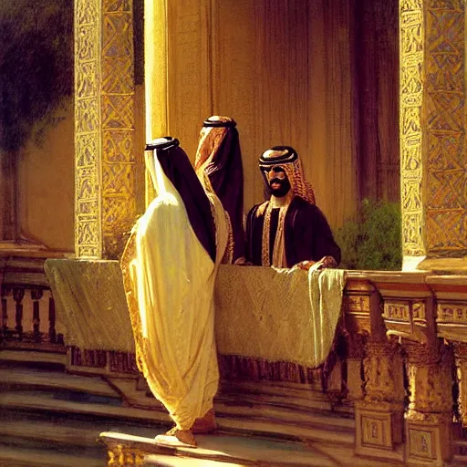 Image similar to attractive arab king confesses his love for his attractive male prince, in a balcony the palace, above river. highly detailed painting by gaston bussiere, craig mullins, j. c. leyendecker