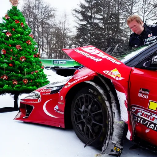 Image similar to Petter Solberg after he crashed into the christmas tree