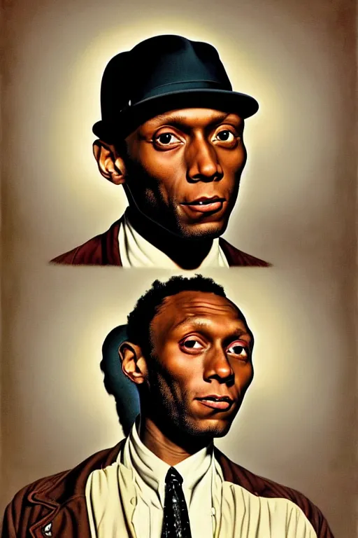 Image similar to mos def portrait by gil elvgren and norman rockwell and rob gonsalves and hajime sorayama, hyperrealistic, high detail, ultra detailed, highly detailed face, ruffled fabric