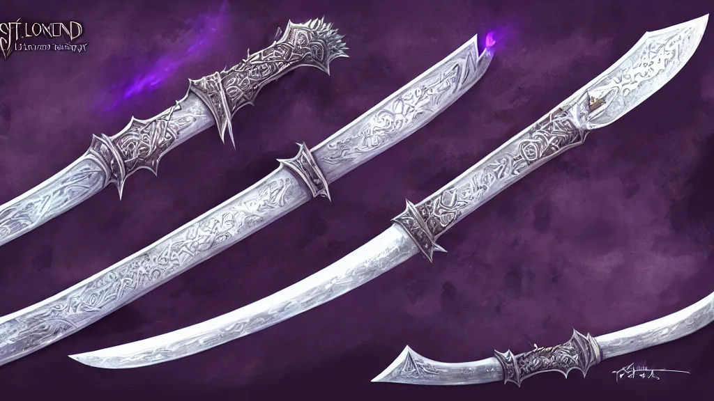 Prompt: 3 feet long broad sword, frostmourne, purple glowing inscription, 8 k, 4 k, concept art, digital painting, game concept art, lord of the rings, fantasy setting