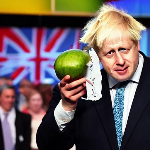 Image similar to a photo of boris johnson on tv showing everyone the turnip he found