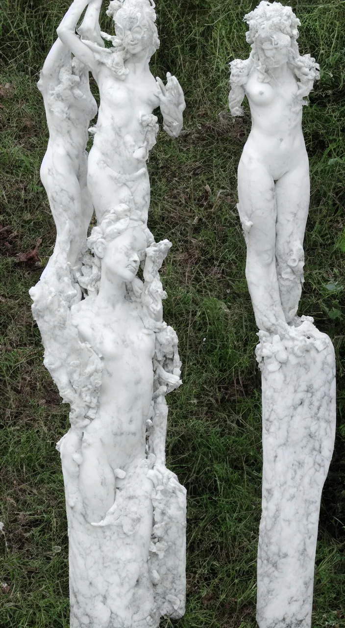 Image similar to intrincate carrara white marble mossy statue of Oblivium Blossom Goddess made by Kris Kuksi and HR Giger and Lois Greenfield