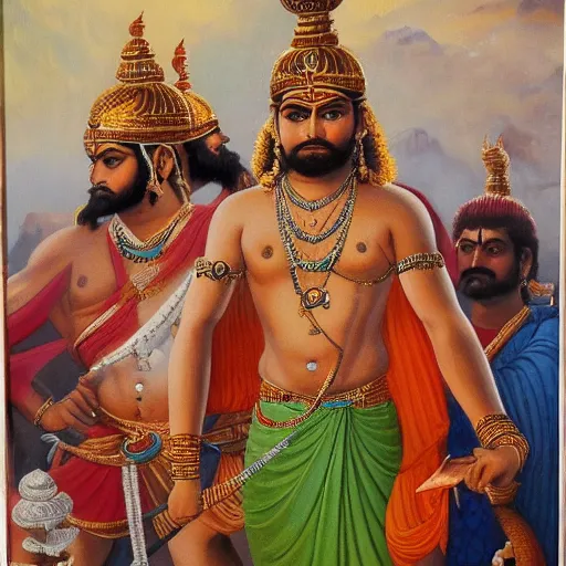 Image similar to a painting of bhima holding a mace and standing over slain duryodhana, mahabharat, an oil on canvas painting by raja ravi verma and ram chandra shukla, artstation, samikshavad, detailed painting, epic, oil on canvas h - 7 6 8