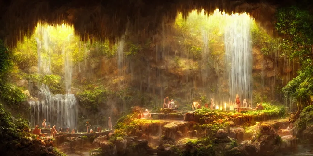 Image similar to detailed interior of cozy hotsprings hidden inside a cave, small waterfalls, lush vegetation, flowers, towels, plates of fruit, candlelight, digital painting, concept art, light shafts, stunning atmosphere, by gerald brom, cinematic lighting