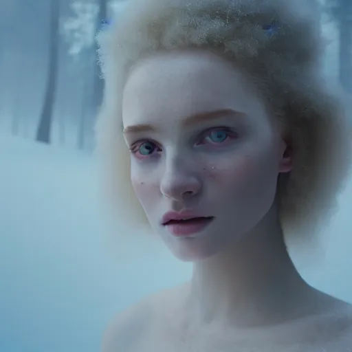 Image similar to photographic portrait of a stunningly beautiful english renaissance female in soft dreamy light at sunset, frozen forest, soft focus, contemporary fashion shoot, in a denis villeneuve and tim burton movie, by edward robert hughes, annie leibovitz and steve mccurry, david lazar, jimmy nelsson, extremely detailed, breathtaking, hyperrealistic, perfect face, octane render