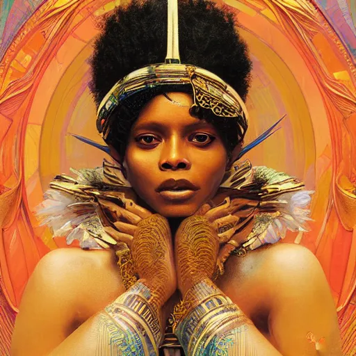 Image similar to Puma Badu as a goddess , A stunning masterpiece, Highly Detailed, Photorealism, by Greg rutkowski, Sachin Teng, Thomas Kindkade, Alphonse Mucha, Norman Rockwel