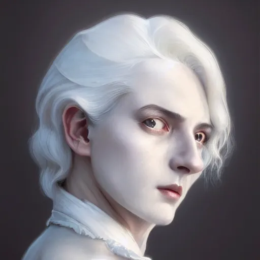 Image similar to white haired aristocrat, bust portrait, gentle, solemn face, cloth, female, city landscape, d & d, fantasy, intricate, elegant, digital painting, white grey color palette, artstation, octane render, concept art, matte, sharp focus, illustration, herrarthstone, art by artgerm and greg rutkowski and alphonse mucha