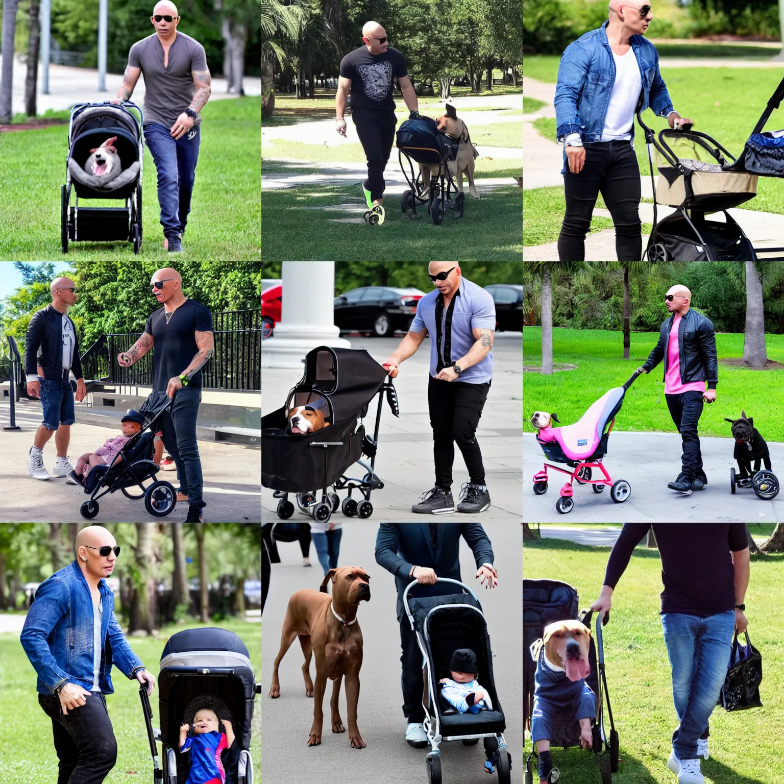 Prompt: pitbull standing pushing a stroller with another pitbull in it at the park