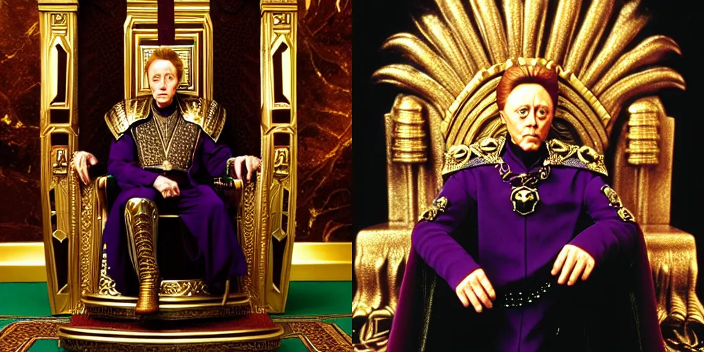 Prompt: Film still of one Christopher Walken as Emperor Shaddam IV (Dune) wearing ornate Tyrian-purple regal leather uniform with two gold-lion-shaped-pins sitting on an ornamented-golden-lion-throne with dark-green crystal inlays, in a dark long Romanesque marble-clad corridor-hall, volumetric sunbeams through small ornate windows casting shadows, dark atmospheric lighting, symmetrical face, intricate details, cinematography by Stanley Kubrick, Ridley Scott