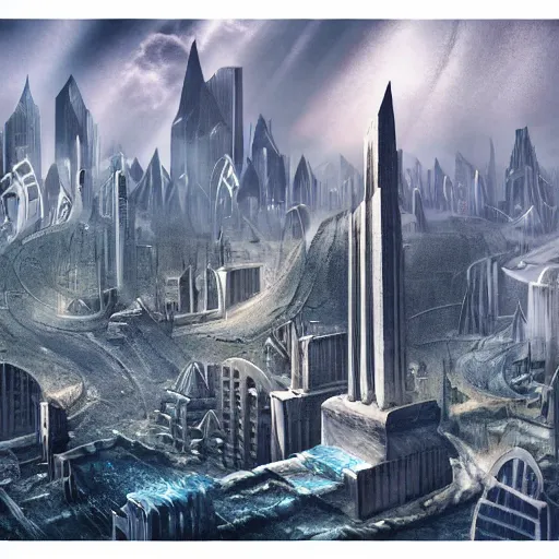 Image similar to fantasy rendering of art deco brutalist city atlantis rising, torrent, maelstrom, chiseled formations, atmospheric, ambient, frost, matte painting