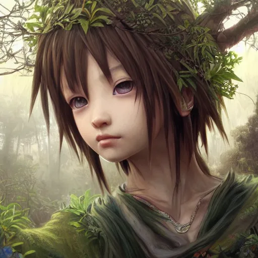 Image similar to intricate detailed portrait painting of sora from kingdom hearts a beautiful forest meadow, temple ruins surrounded by lush forest, afternoon, intricate, elegant, highly detailed, digital painting, sharp, focus, illustration art by artgerm and greg rutkowski and alphonse mucha