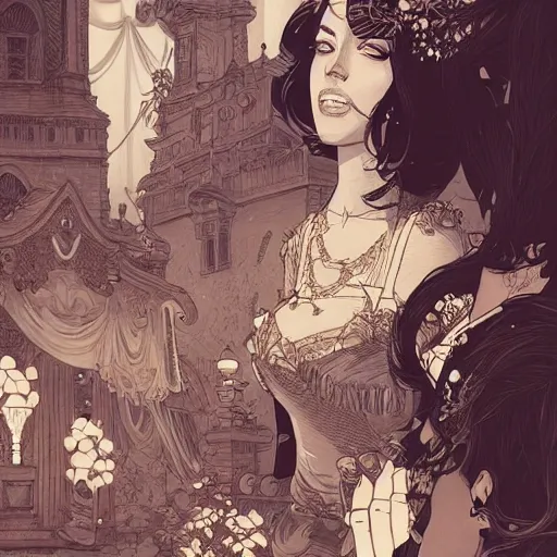 Prompt: illustration of lady at a wedding, mcbess, intricate complexity, by greg rutkowski, artgerm, ross tran, conrad roset, takato yomamoto, ilya kuvshinov. 4 k, beautiful, cinematic dramatic atmosphere