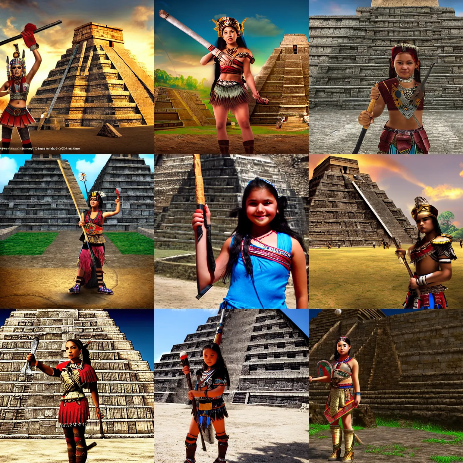 Prompt: A young Aztec warrior princess holds up a club, standing in front of a Mayan pyramid, loading screen artwork for the game 'Europa Universalis 4'