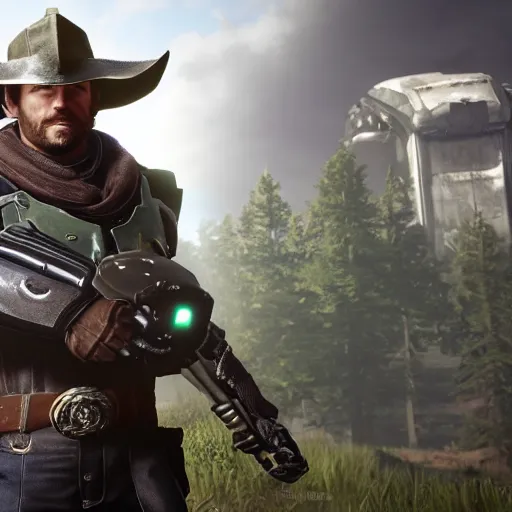 Image similar to arthur morgan as master chief