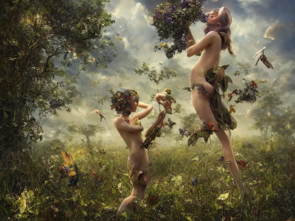 Prompt: a solarpunk very very very beautiful lush landscape of a beautiful nymph in a field are of broken stone words with cyborg workers picking up the broken stone and trying to put them back together, hyperrealistic, award - winning, masterpiece, in the style of tom bagshaw, cedric peyravernay, peter mohrbacher