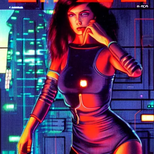 Image similar to cable plugged into cyberdeck, right temple, cyberpunk woman, computer, 1 9 7 9 omni magazine cover, style by vincent di fate, cyberpunk 2 0 2 0