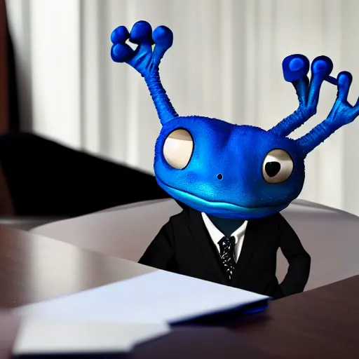 Image similar to professional portrait of a happy anthropomorphic blue frog wearing a suit crossing his arms sitting in an office chair, very intricate, very detailed,