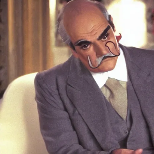 Prompt: scene of the hercule poirot tv serie featuring david suchet with a smaller moustache