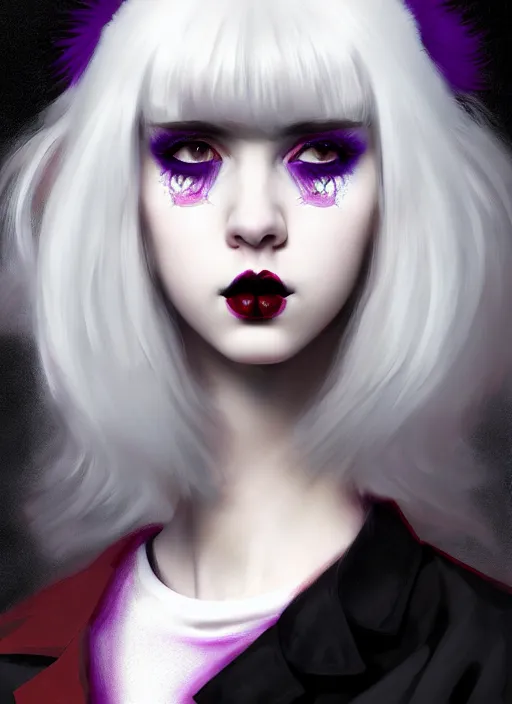 Image similar to portrait of white teenage girl, normal face, black bangs, mall goth, cyberlox, black and white hair, bangs, fluffy bangs, red contacts, purple lipstick, intricate, elegant, highly detailed, digital painting, artstation, concept art, sharp focus, smooth, illustration, art by wlop, mars ravelo and greg rutkowski