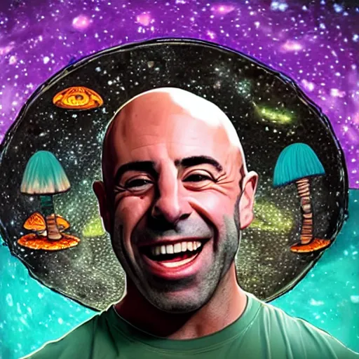 Prompt: Joe Rogan on a UFO with Aliens eating mushrooms and laughing, realistic