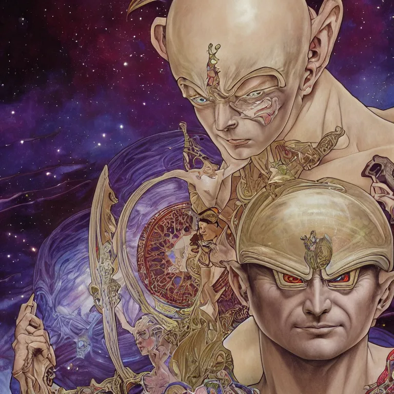 Image similar to portrait of Frieza by Jeff Easley and Peter Elson + beautiful eyes, beautiful face + symmetry face + border and embellishments inspiried by alphonse mucha, fractals in the background, galaxy + baroque, gothic, surreal + highly detailed, intricate complexity, epic composition, magical atmosphere + masterpiece, award winning + trending on artstation