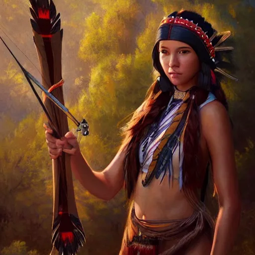 Image similar to a woman dressed in native american clothing holding a bow and arrow, a fine art painting by john clayton, ambient lighting, detailed face, by makoto shinkai, stanley artgerm lau, wlop, rossdraws