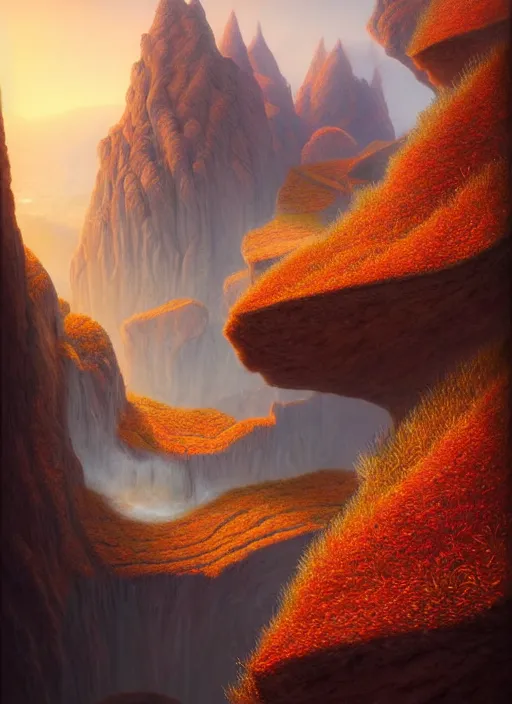 Image similar to autumn mornings in the low - poly cliffs of illusions, diffuse lighting, fantasy, intricate, surrealism!!!!, highly detailed, lifelike, photorealistic, digital painting, artstation, illustration, concept art, smooth, sharp focus, by greg rutkowski, chris tulloch mccabe, valentina remenar and asher duran,