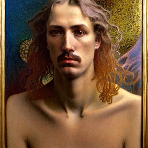 Prompt: realistic .extremely. detailed. portrait painting of an average man by Jean Delville, Amano, Yves Tanguy, Alphonse Mucha, Ernst Haeckel, Edward Robert Hughes, Roger Dean, moody colors, gold eyes