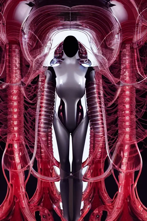 Image similar to background space station, red baroque inflateble dress iris van herpen positing on floor, helmet instead of a head, perfect symmetrical, full body shot, inflateble shapes, wires, tubes, veins, jellyfish, white biomechanical details, wearing epic bionic implants, masterpiece, intricate, biopunk, vogue, highly detailed, artstation, concept art