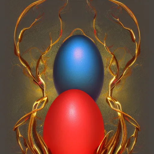 Prompt: an elaborate glowing red and blue egg emerging from the blossom of a metallic gold flower with tendrils of gold wrapping around the egg, magic eggplant, fantasy concept art