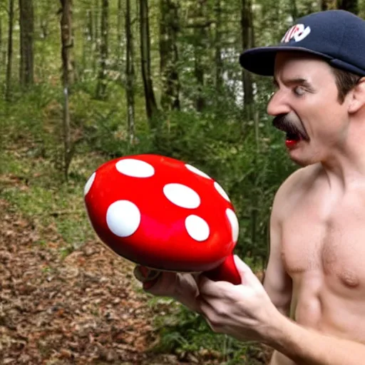 Image similar to real life photo of Super Mario sniffing a big red and white mushroom he just discovered in the woods, unable to hold back eating it with extreme glee, 4K photography